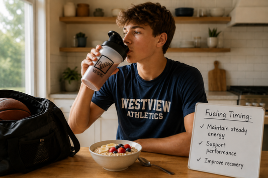 Active teen drinking a VUUR shake with breakfast before sports practice, showing fueling timing for steady energy, performance, and recovery.