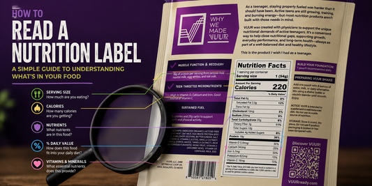 Infographic explaining how active teens and teen athletes can read a nutrition label, including serving size, calories, nutrients, daily value, vitamins, and minerals on a VUUR package.
