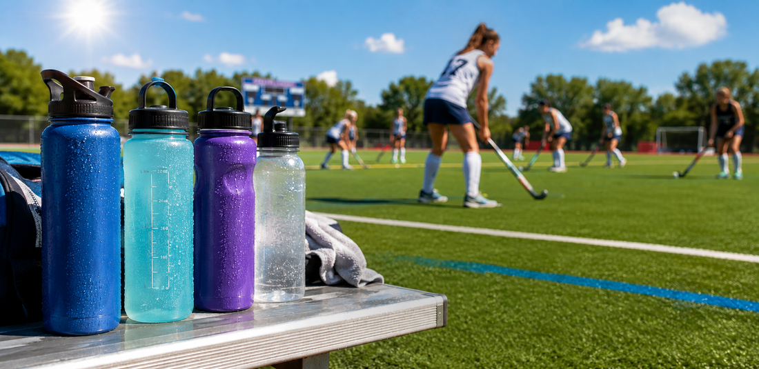 Hydration bottles on a sports sideline while teen athletes practice field hockey, showing why active teens need water before, during, and after exercise.