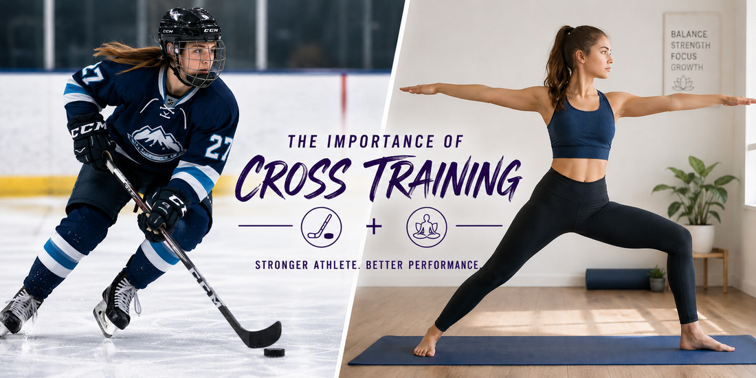 Teen athlete cross-training with yoga alongside hockey training to support strength, balance, flexibility, injury prevention, and sports performance.