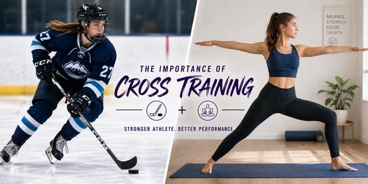 Teen athlete cross-training with yoga alongside hockey training to support strength, balance, flexibility, injury prevention, and sports performance.