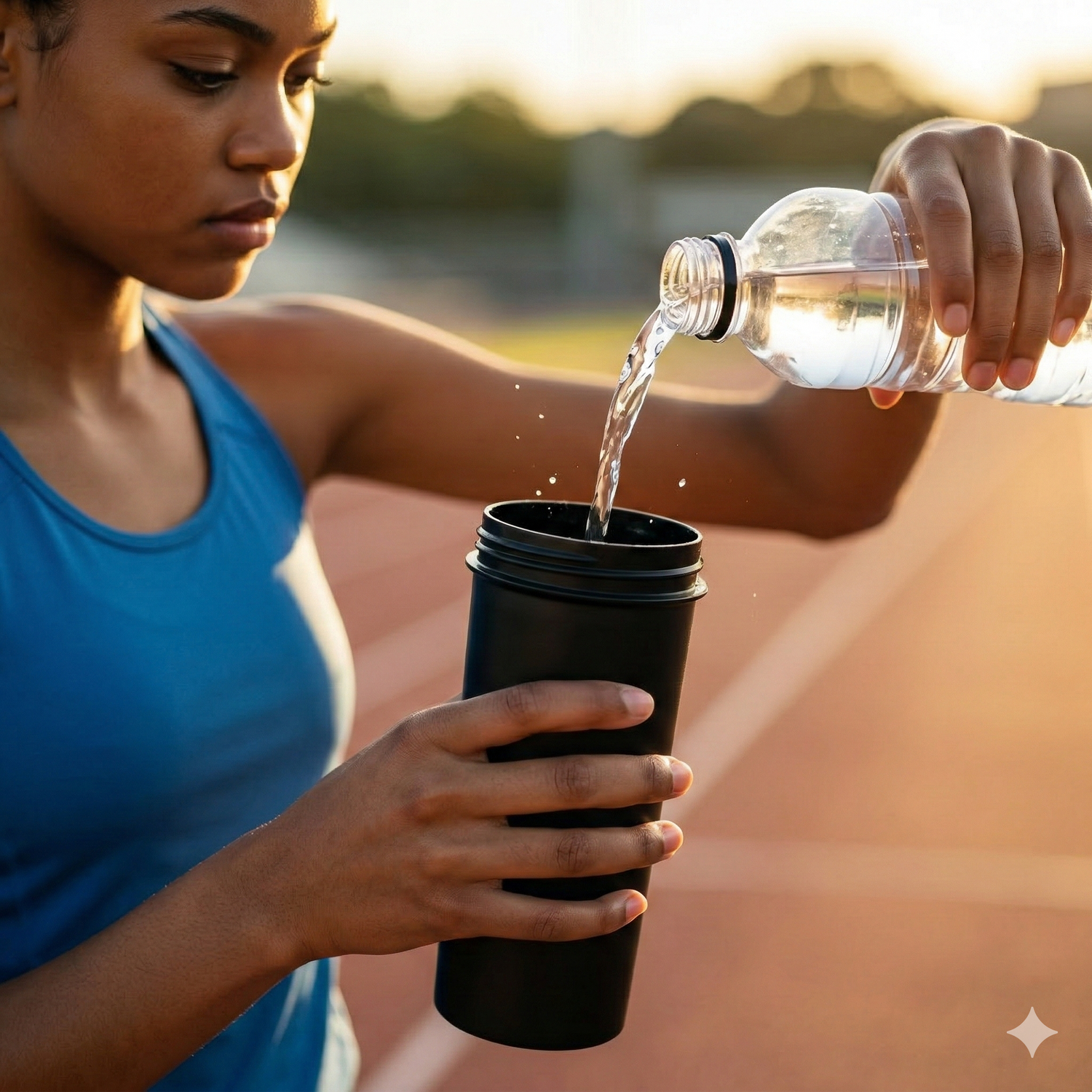 Teenage athlete pouring water from a bottle into a black cup outdoors.