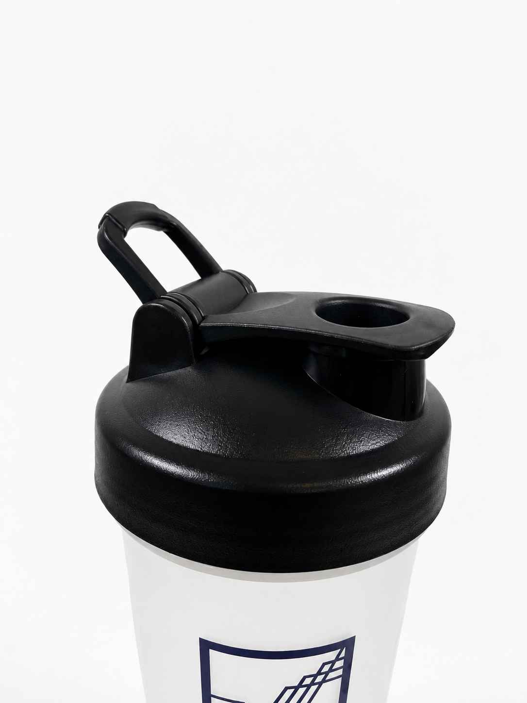 Close-up of a shaker bottle lid with a black flip-top handle and a clear bottle body featuring a dark purple VUUR logo, set against a plain white background.