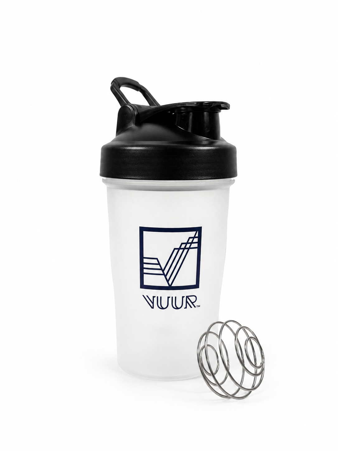 A clear VUUR 400ml shaker bottle with a black lid and a dark purple VUUR logo on the front, shown on a white background with a stainless steel mixing whisk nearby.